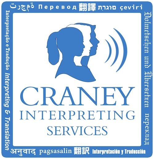 Craney Interpreting Services logo with blue profile faces and multilingual text around the border