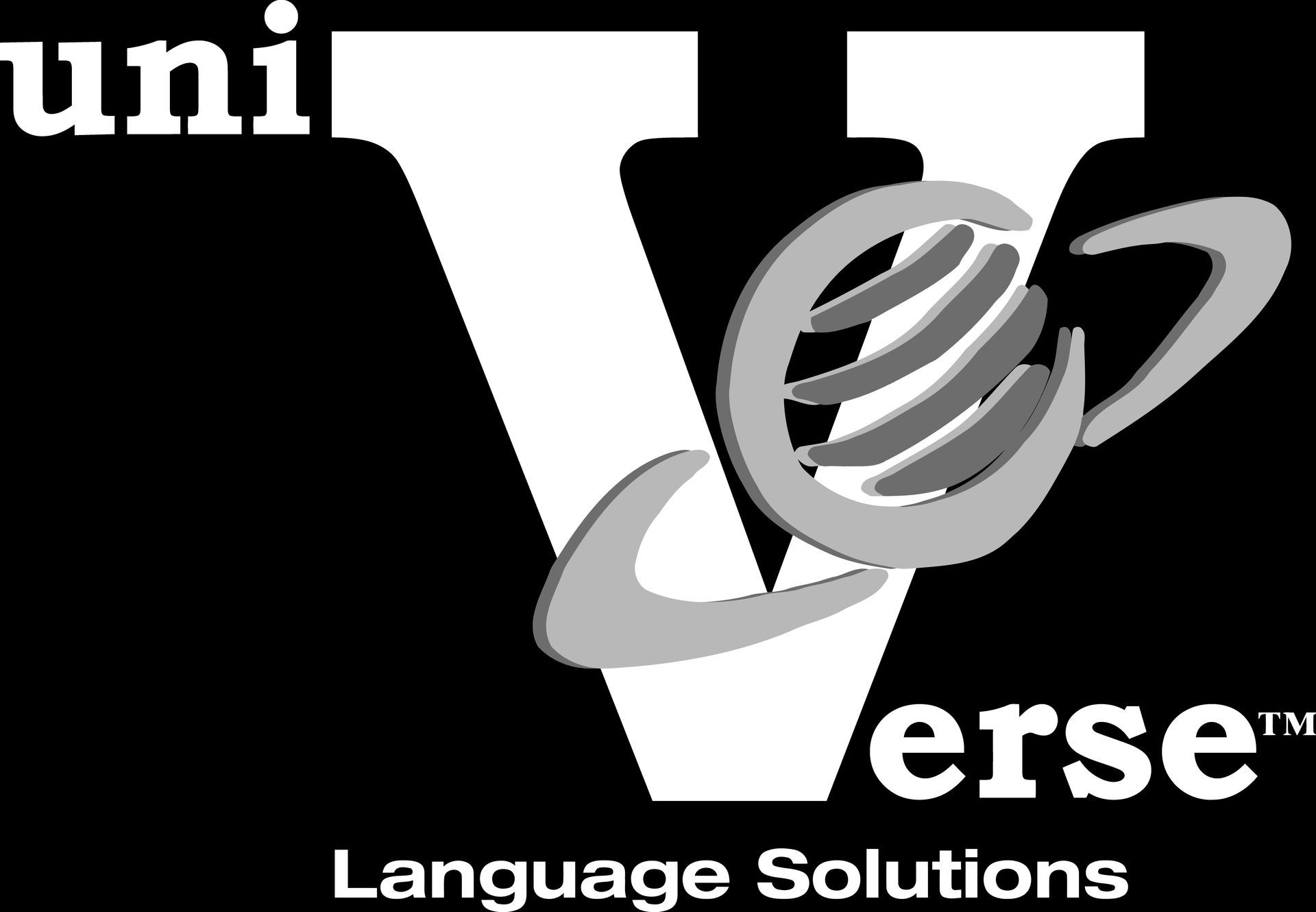 UniVerse logo with white text and gray orbit graphic on black background, “Language Solutions” underneath