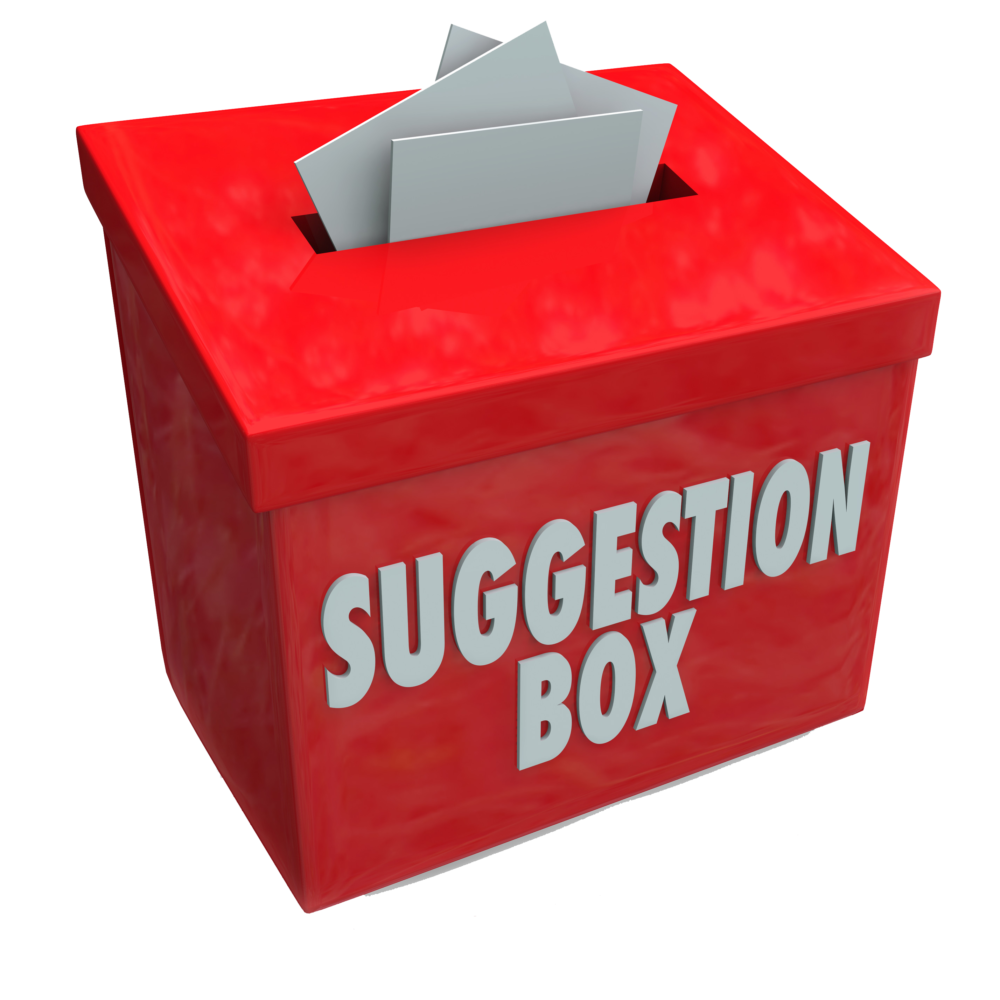 Red suggestion box with slot and papers on top, labeled “SUGGESTION BOX”