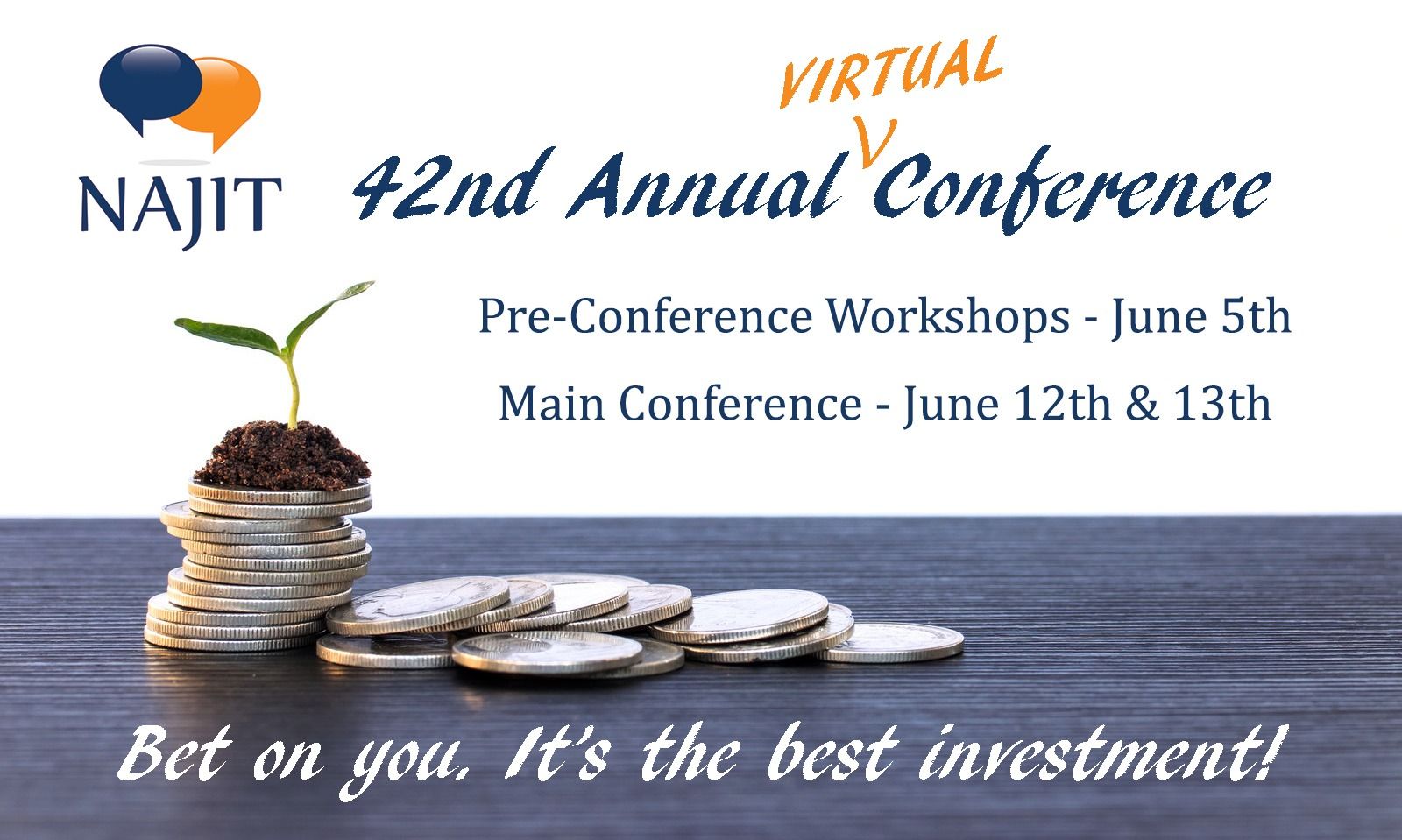 NAJIT Virtual 42nd Annual Conference flyer with dates, stacked coins and sprouting plant, blue and orange theme