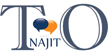 NAJIT logo with large blue and orange speech bubbles over stylized gray letters T and O