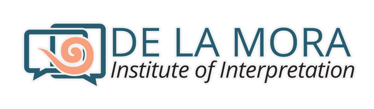 De La Mora Institute of Interpretation logo with teal speech bubbles and orange spiral icon