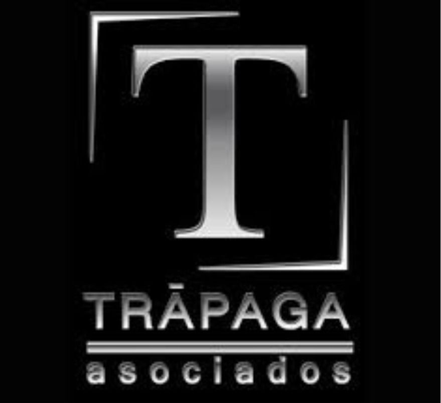 Black logo with a large silver T inside a frame, and the text “TRÁPAGA asociados” below.