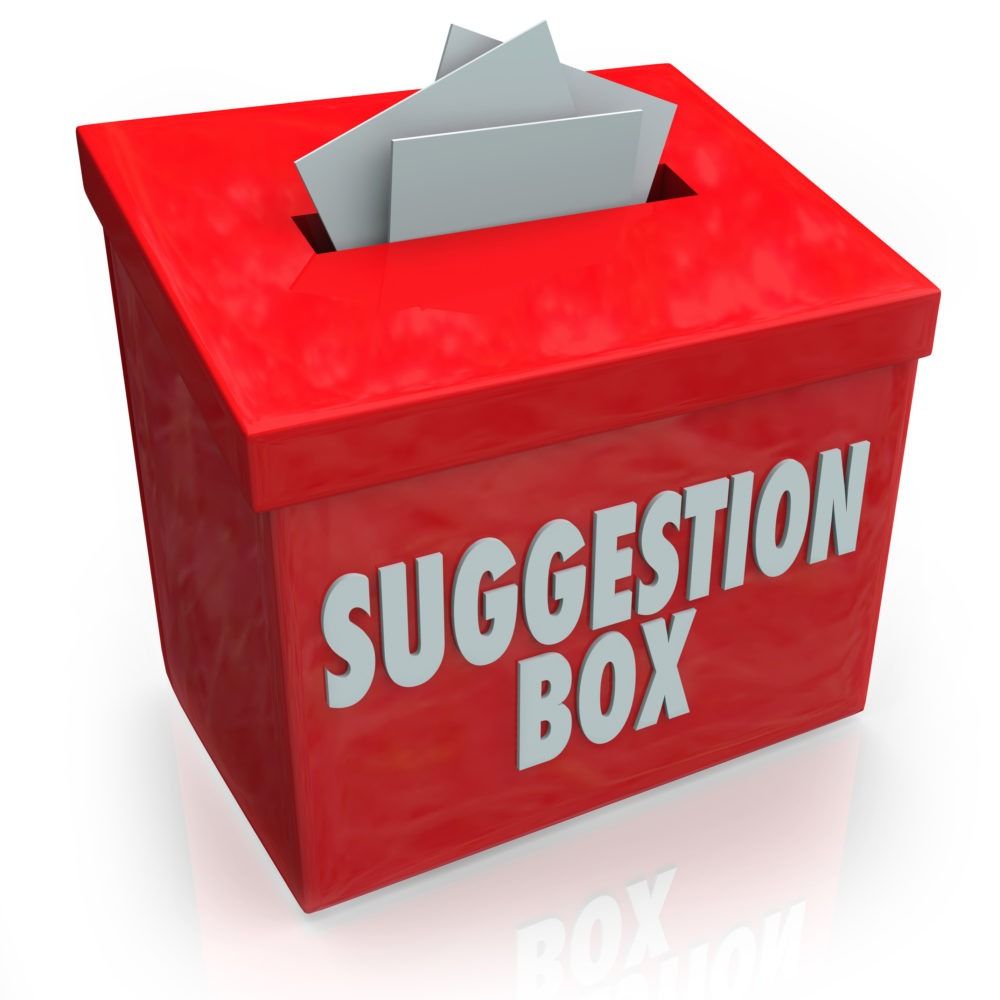 Red suggestion box with a slot and papers, labeled “SUGGESTION BOX”