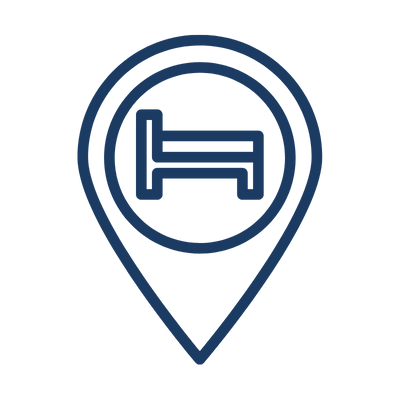Blue outlined hotel location pin icon with a bed symbol inside