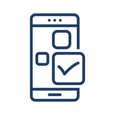 Blue line icon of a smartphone with a checkmark on the screen