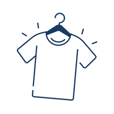 Blue outline of a T-shirt on a hanger, with small lines suggesting a sale or feature highlight