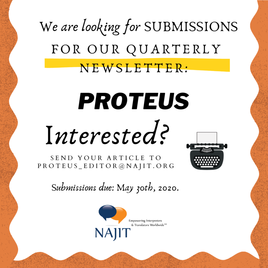 Call for newsletter submissions for PROTEUS, with typewriter graphic and May 20 deadline.