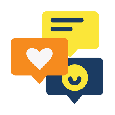 Three overlapping colorful chat bubbles with a heart and smiley face icons