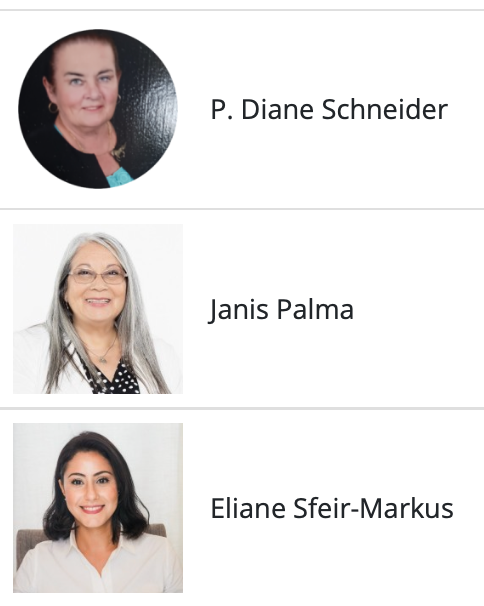 Three staff headshots with names: P. Diane Schneider, Janis Palma, and Eliane Sfeir-Markus.