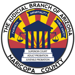Maricopa County Judicial Branch seal with scales, courthouse, and banner reading Superior Court, Adult Probation, Juvenile Probation