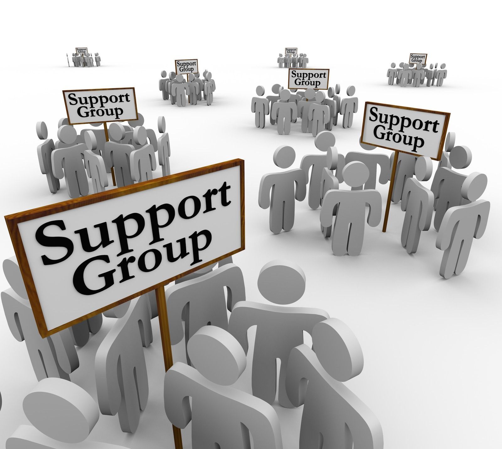 Crowd of gray figures gathered around signs reading “Support Group” in a white setting
