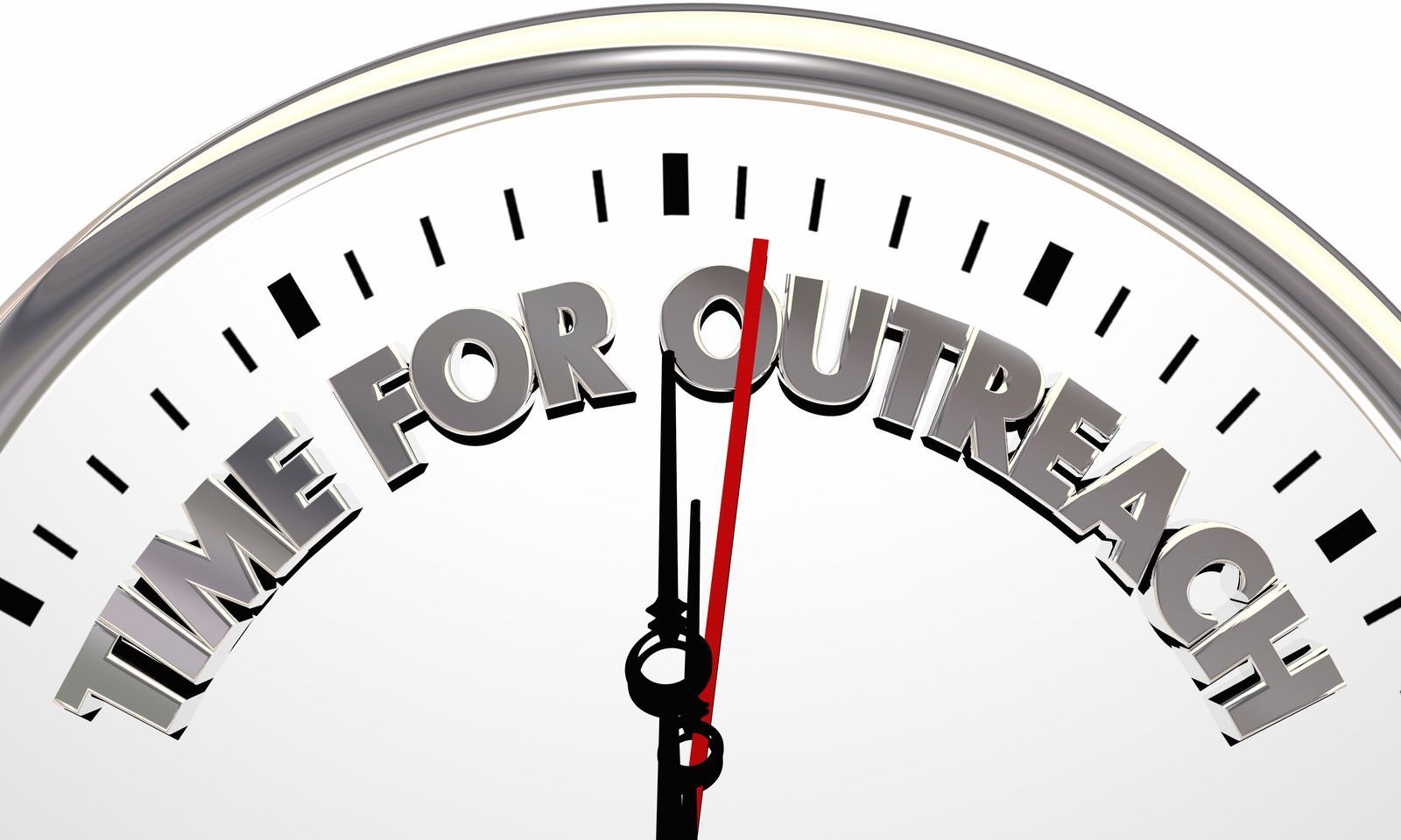 Clock dial with “TIME FOR OUTREACH” text and red needle pointing near top center