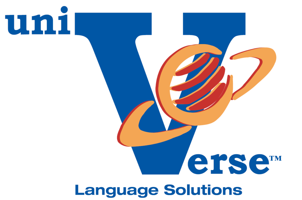 UniVerse Language Solutions logo with blue text and a stylized orange-red globe over a large blue V