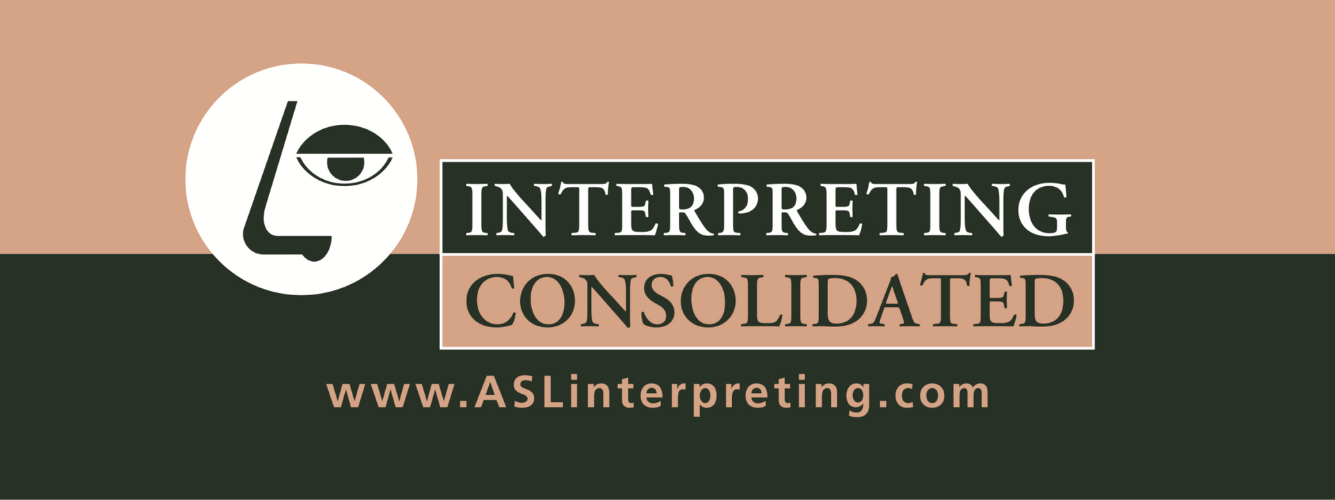 Logo for Interpreting Consolidated on a peach background with a white speech bubble icon and website text