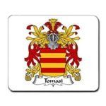 Red and gold heraldic coat of arms with a crown and the name “Tomasi” on a white background