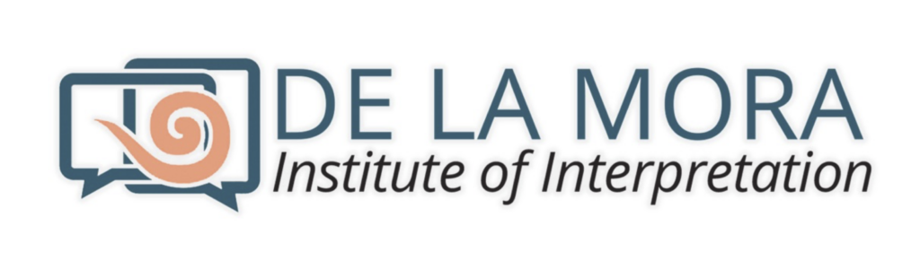 Logo for De La Mora Institute of Interpretation with speech bubble icon and orange spiral accent
