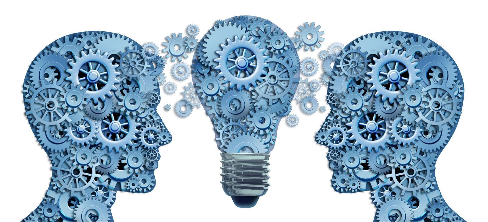 Three blue heads made of gears with a lightbulb-shaped head in the center