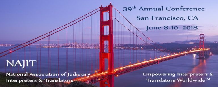 Golden Gate Bridge at sunset with conference text for NAJIT’s 39th Annual Conference in San Francisco, June 8–10, 2018
