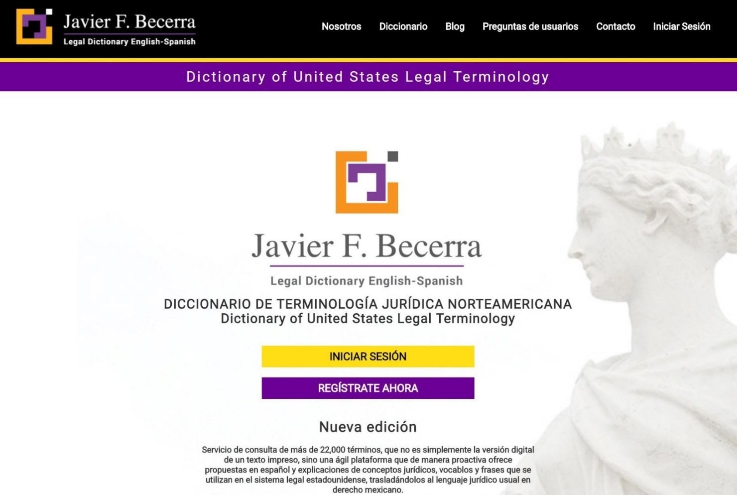 Homepage for Javier F. Becerra’s legal dictionary, with gold and purple buttons on a white background