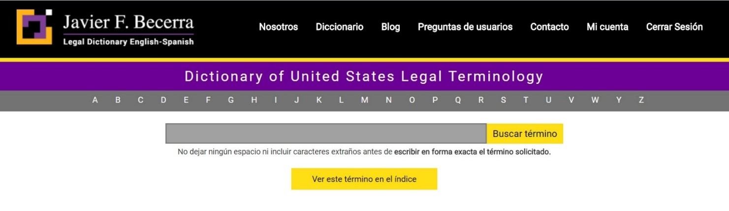 Website banner for a legal dictionary with a top menu, search bar, and yellow “Search” button on a dark header
