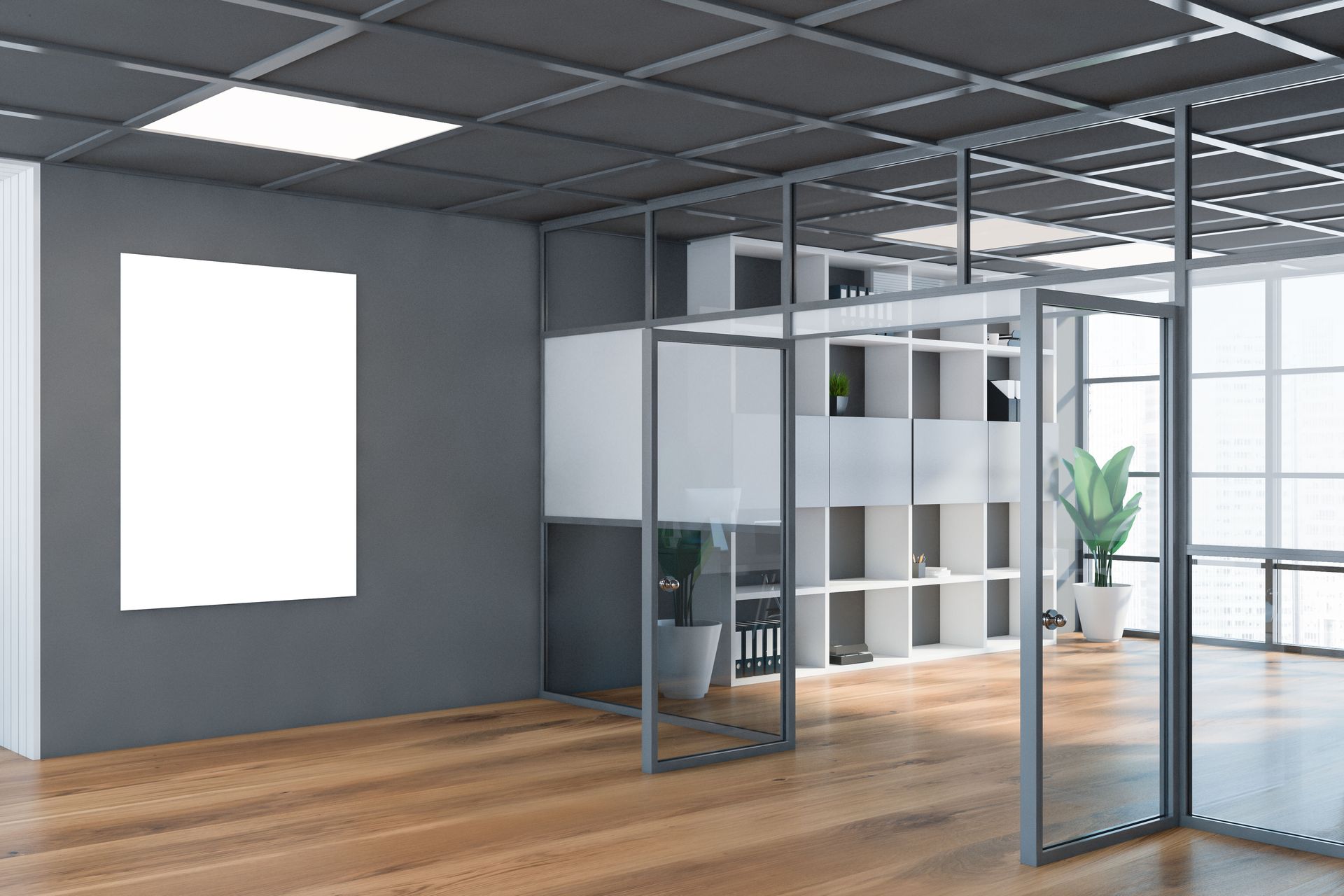 Intérieur de bureau moderne avec cloisons vitrées, parquet et plante en pot.