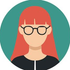 Personnage illustré aux cheveux roux et aux lunettes noires sur un fond circulaire turquoise
