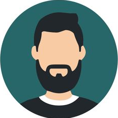 Stylized bearded man avatar in a teal circle with dark hair and shirt
