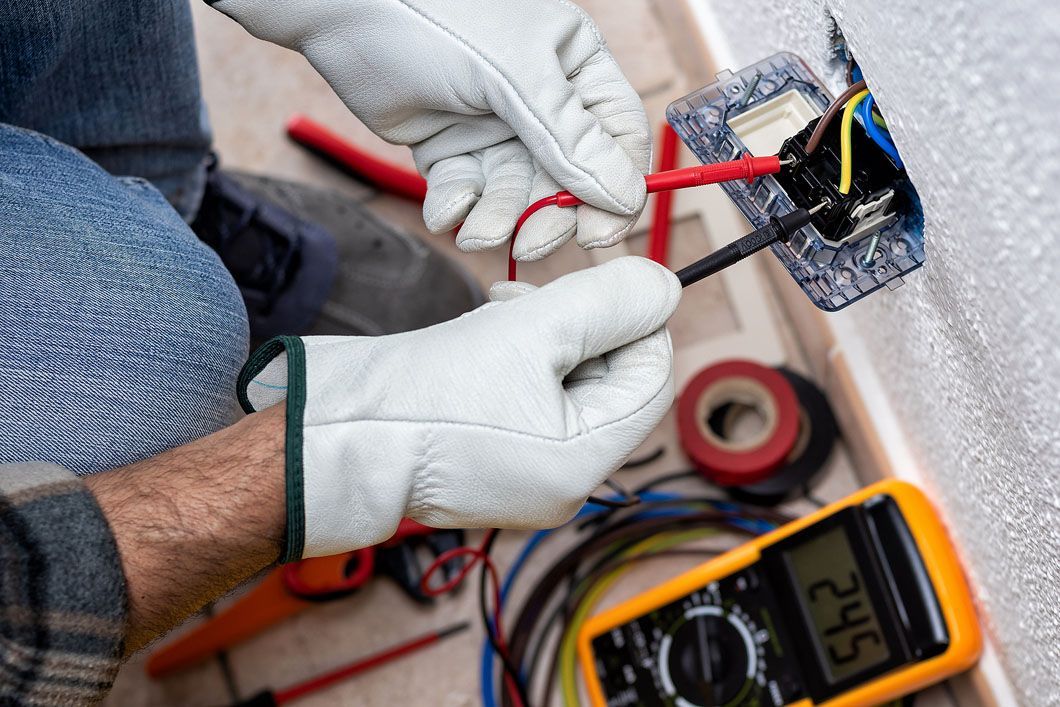 A man is working on an electrical outlet with a multimeter.