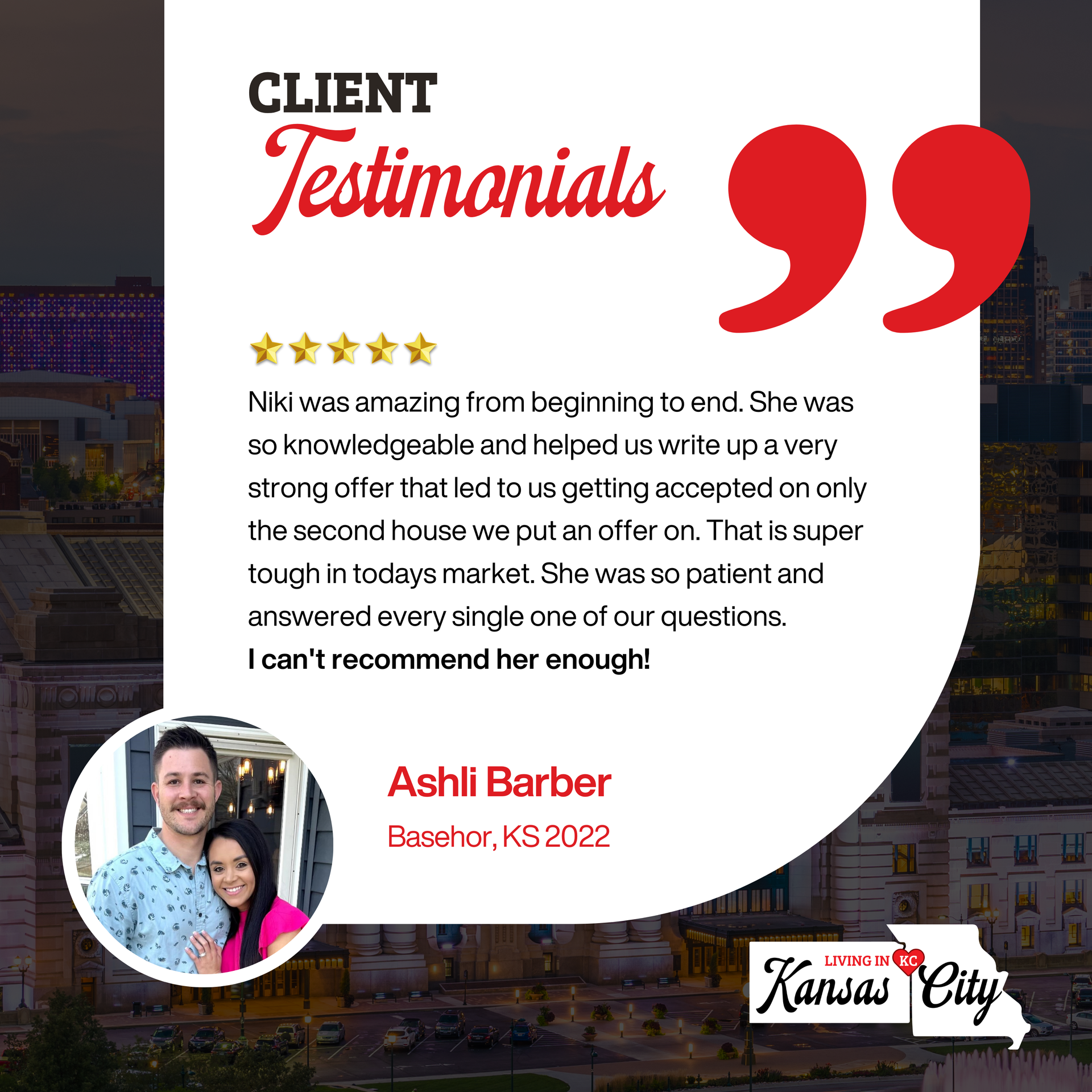 Client testimonial card with red quotes, five stars, and a couple’s photo in the lower left.