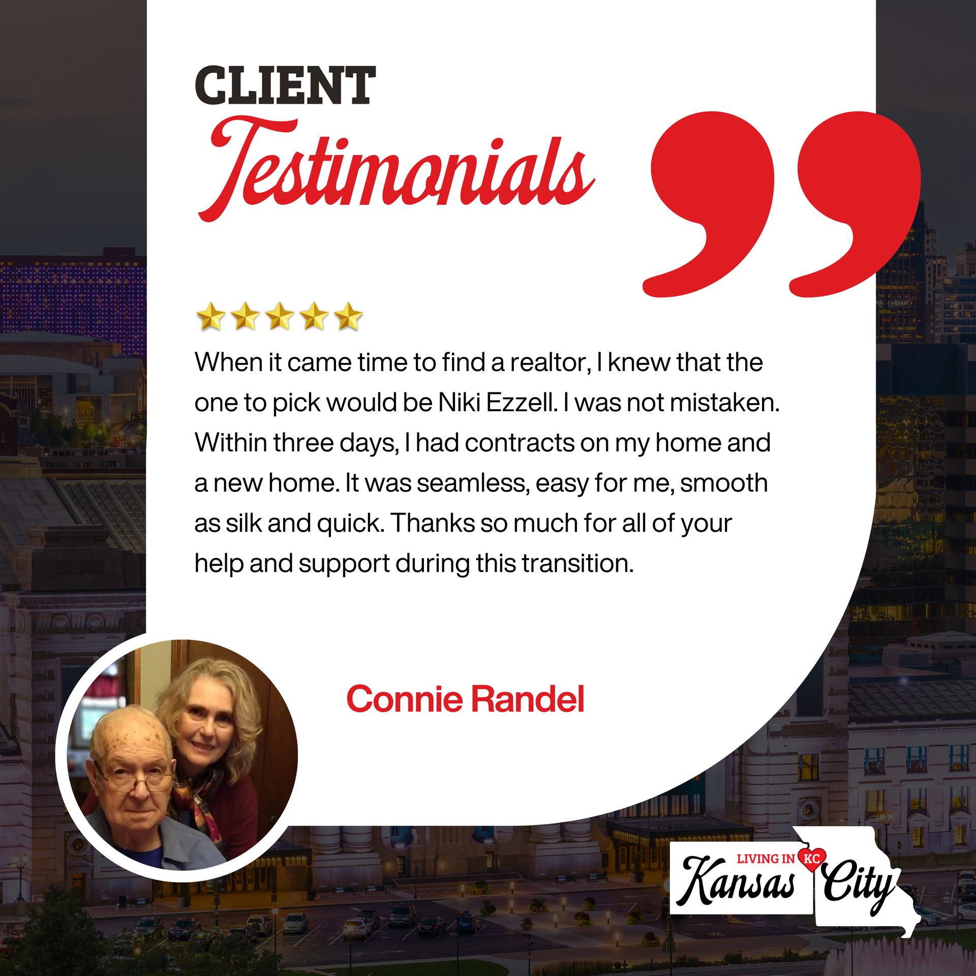 Client testimonial graphic with quote, gold stars, and “Connie Randell” over a Kansas City background.