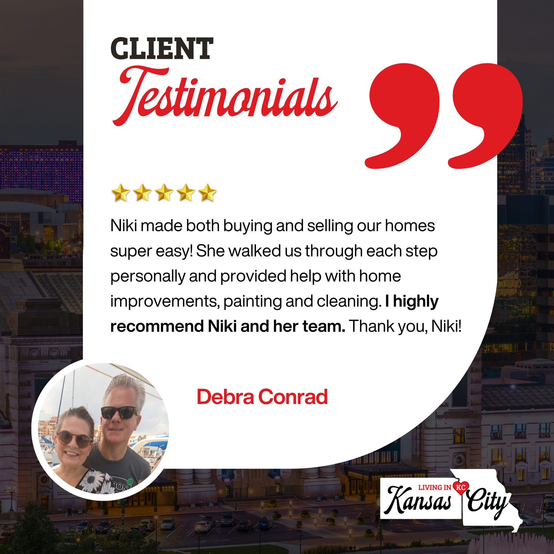 Client testimonial graphic with red quote marks, 5-star review, and photo of a smiling couple.