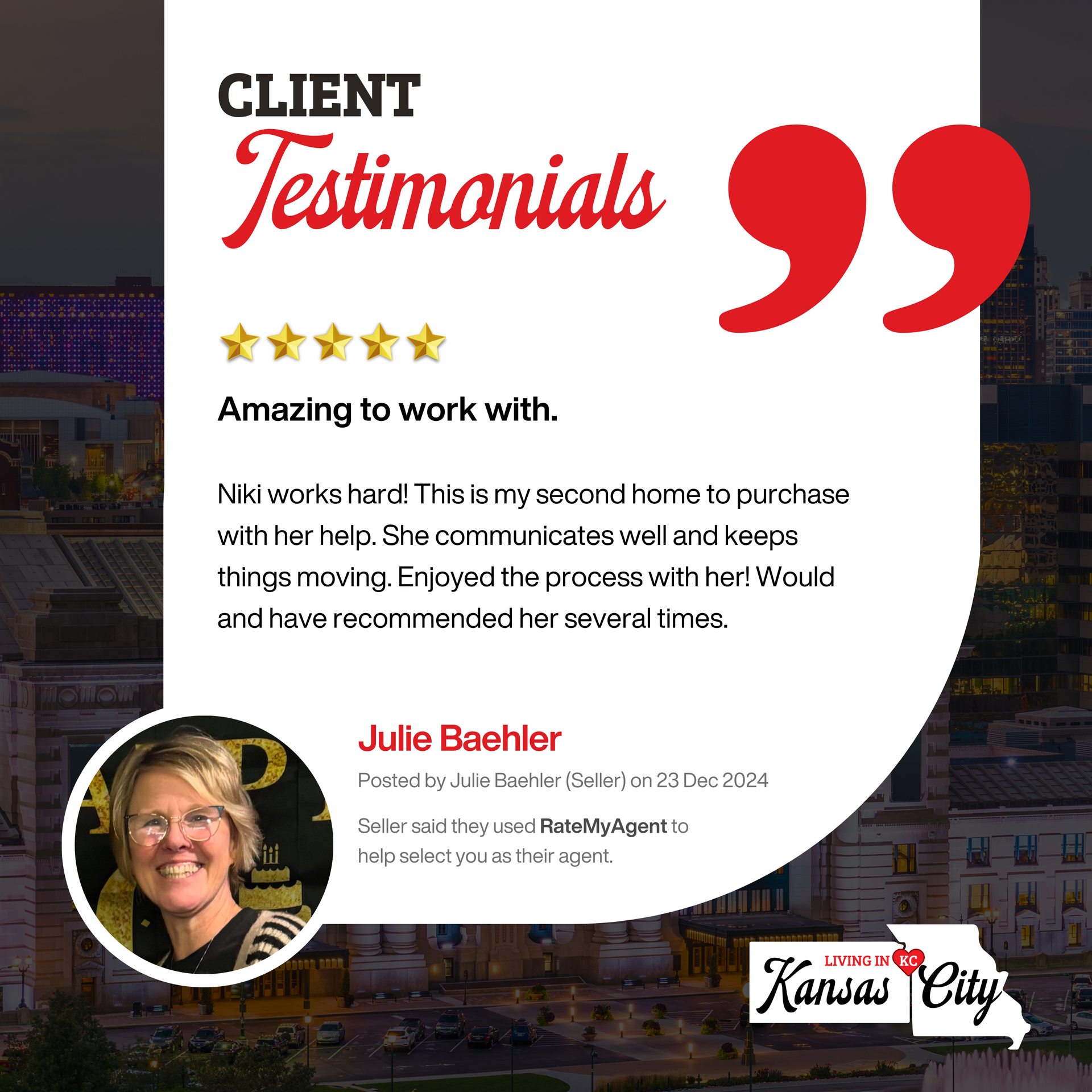 Client testimonial graphic with red accents, five-star review, and Kansas City logo; smiling customer photo at bottom left