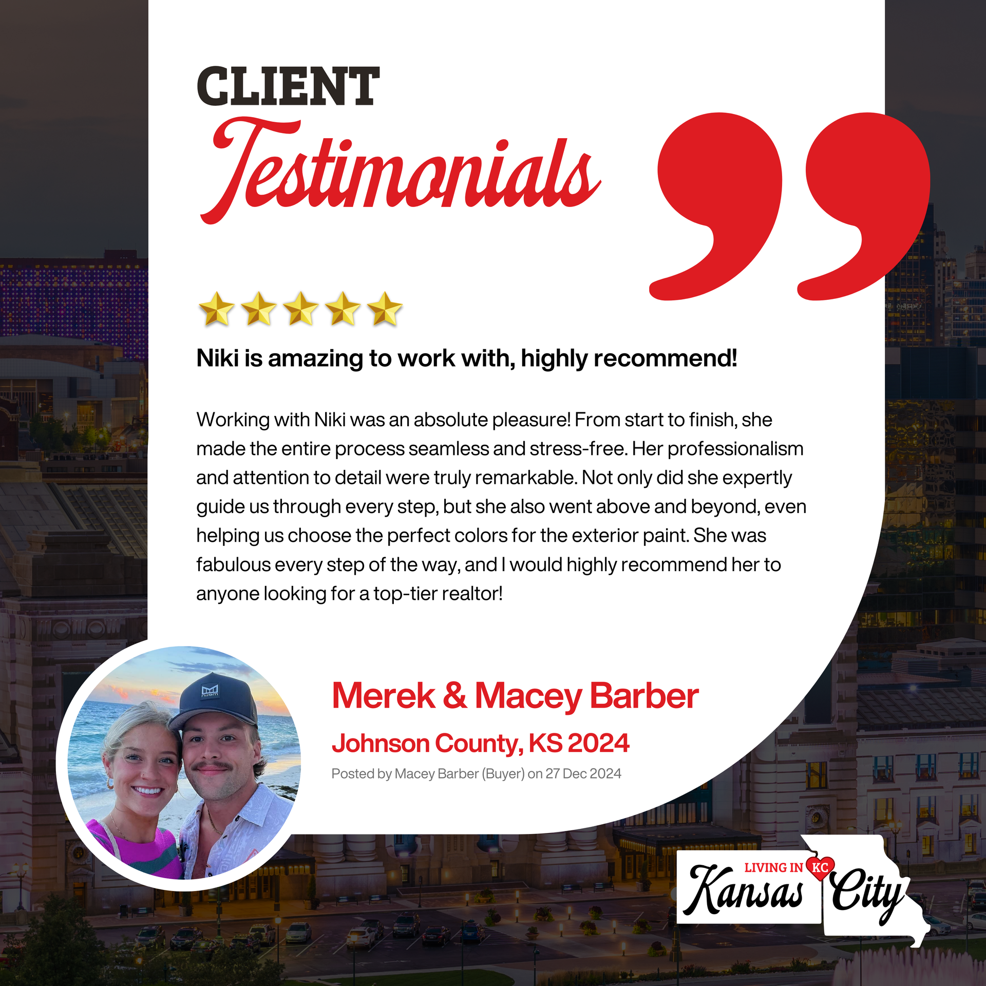 Client testimonial graphic with stars, red quotation marks, and a customer quote over a photo background
