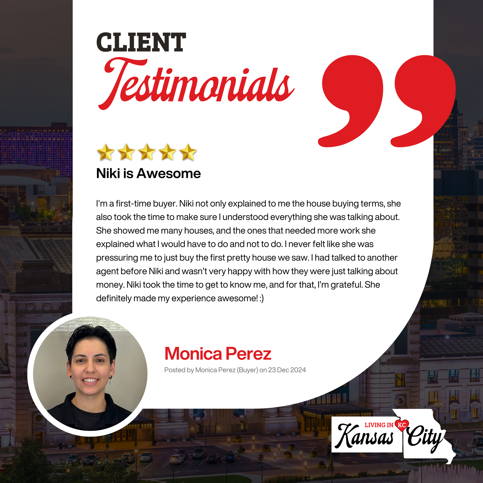 Client testimonial graphic with quote, star rating, and circular headshot on a white and red background