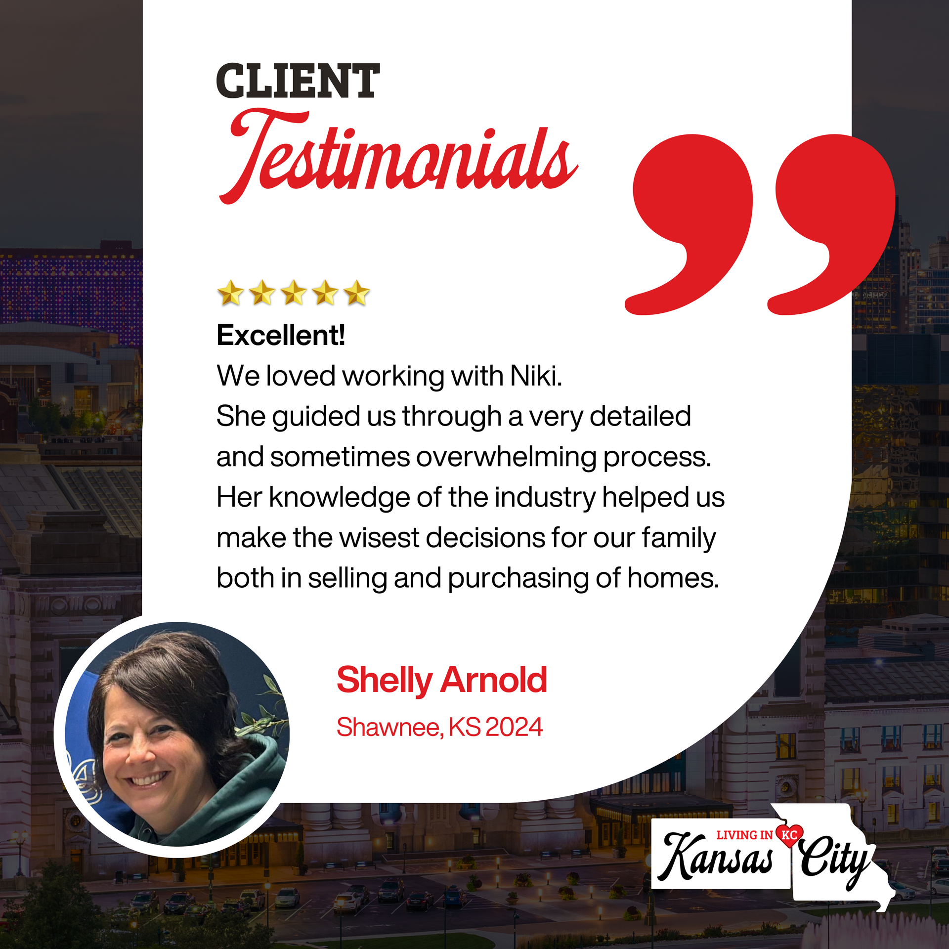 Client testimonial card with five gold stars, red quote marks, and a small portrait inset at bottom left.
