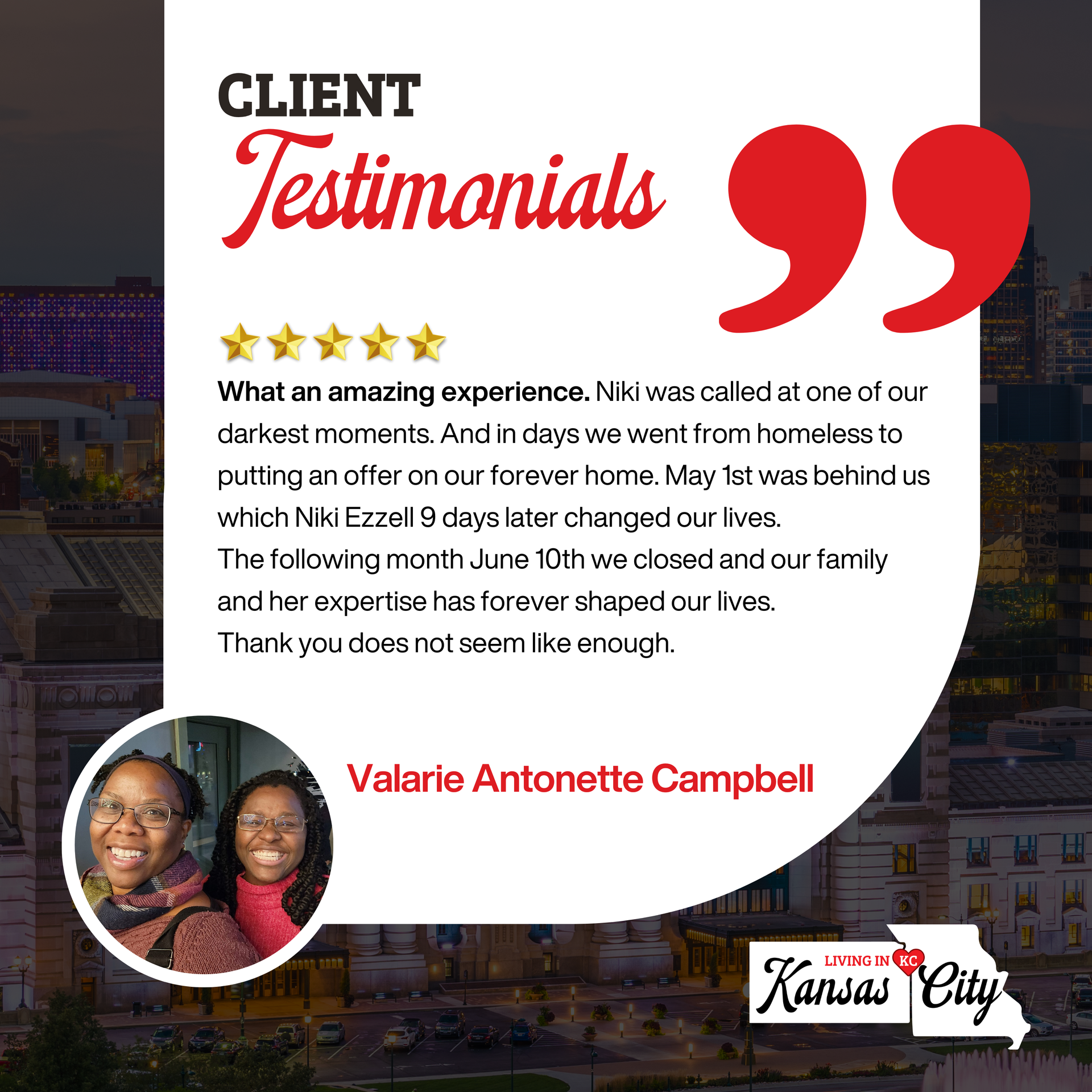 Client testimonial card with stars, quote marks, and a small couple’s photo on a Kansas City background