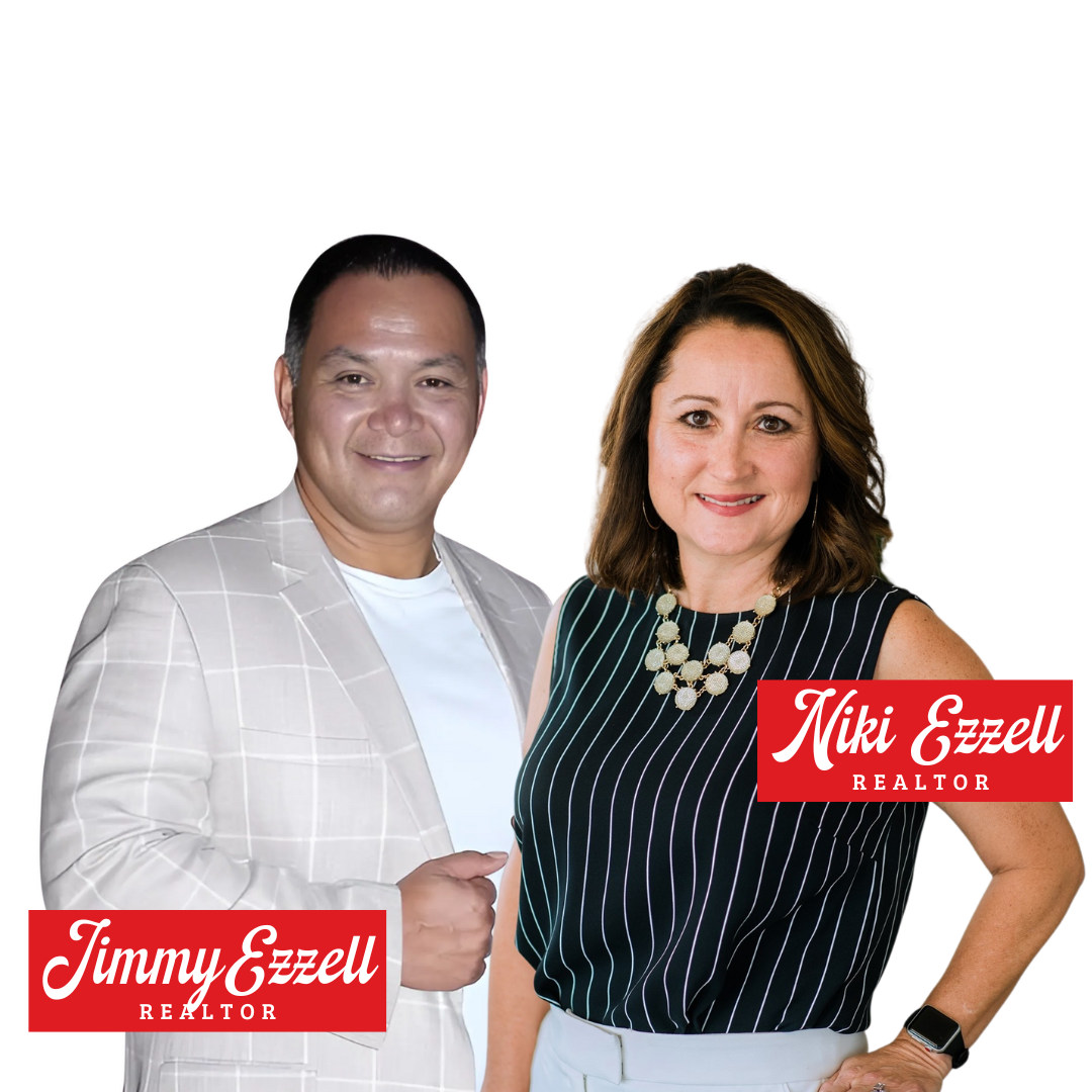 A man and a woman standing next to each other with jimmy ezzell realtor written on them
