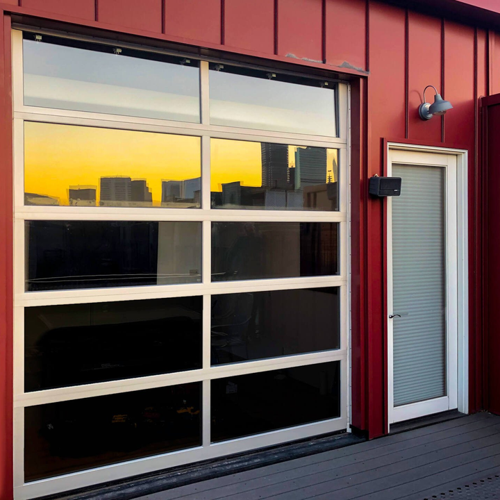 Ankmar full view garage door aluminum Denver skyline in reflection
