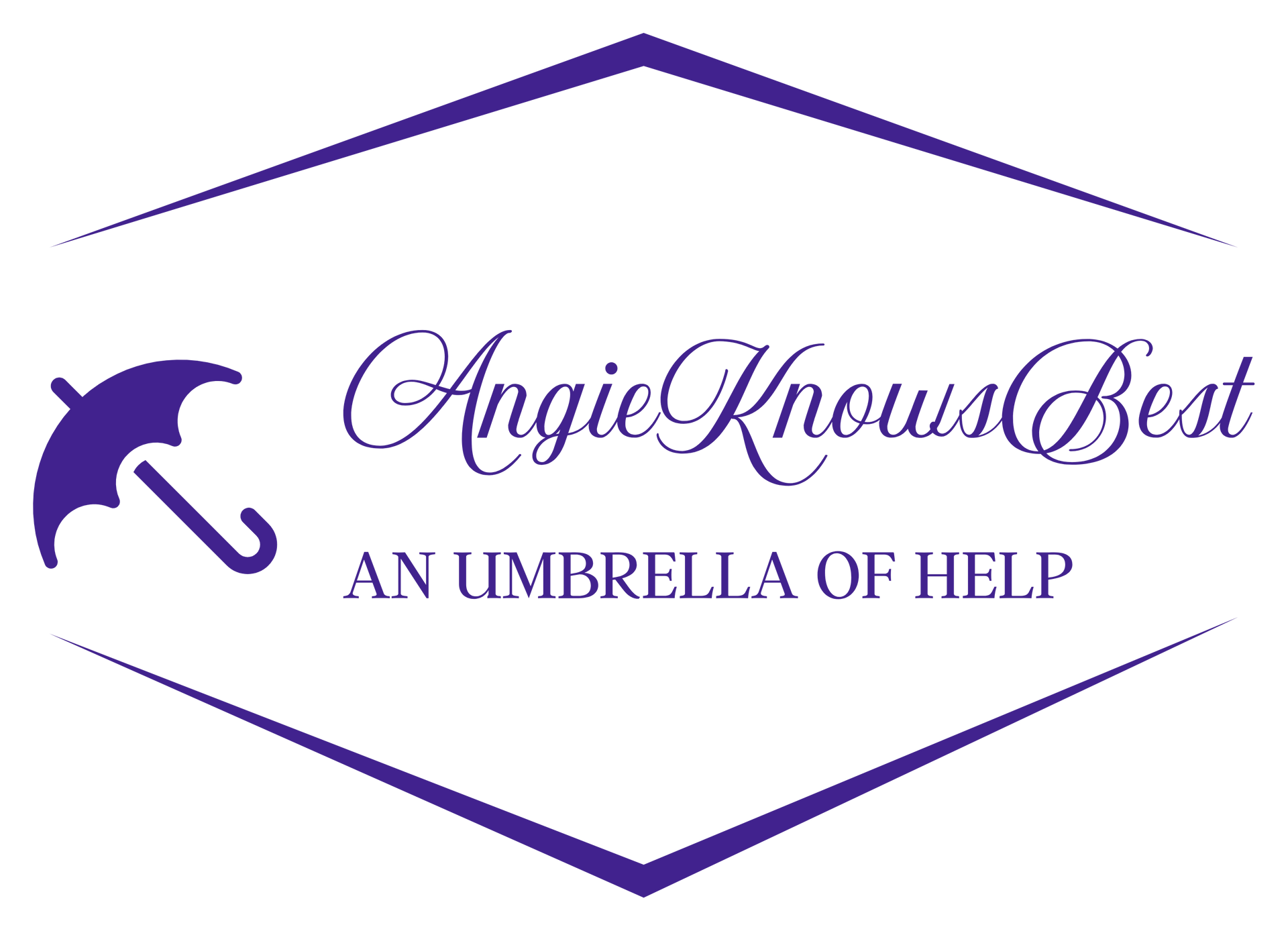 Purple logo with umbrella and text “AngieKnowsBest” and “AN UMBRELLA OF HELP”