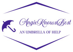 Purple logo with umbrella and text “AngieKnowsBest” and “AN UMBRELLA OF HELP”