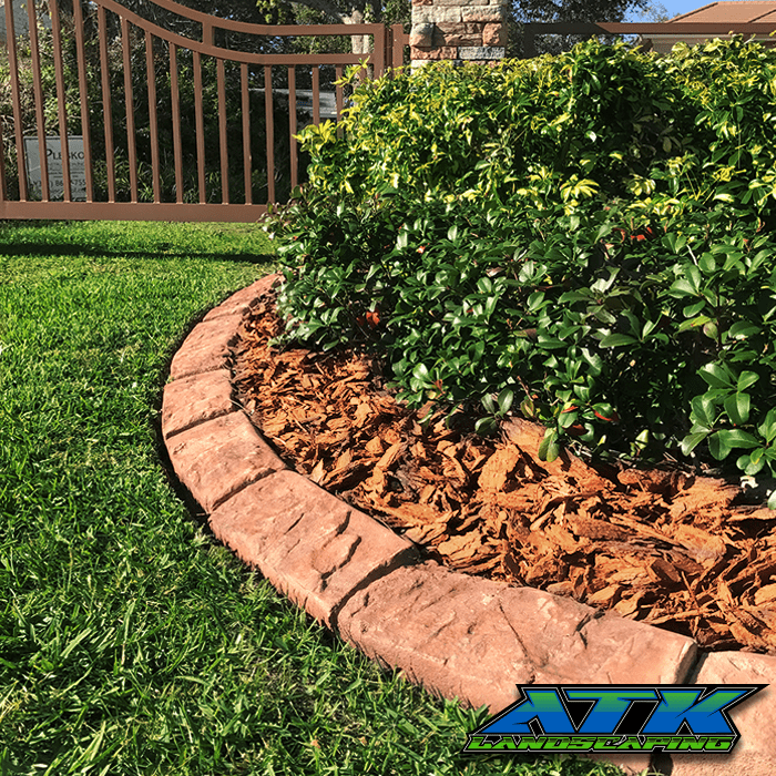 A lawn with a concrete curb and a fence in the background.