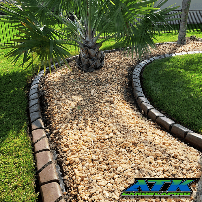 A brick walkway surrounded by gravel and a palm tree.