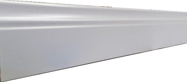 A close up of a white skirting board on a white background.