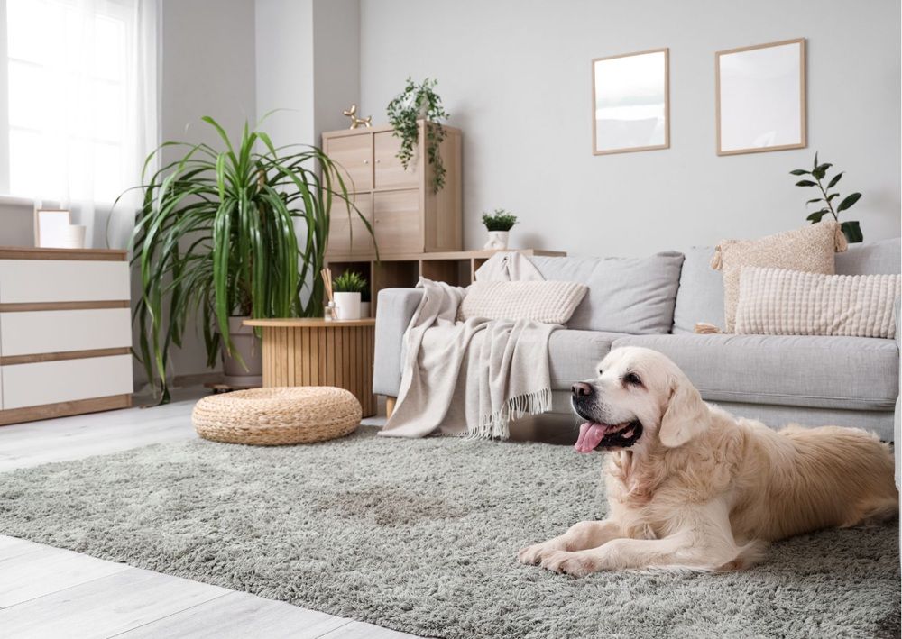 Golden retriever rests in a stylish living room, ideal for pet friendly rentals.