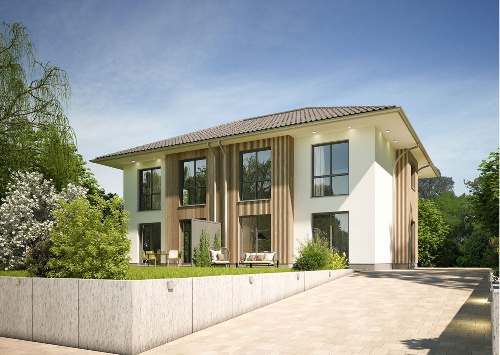 Contemporary two-story villa with cream facade, large windows, tiled roof, and landscaped concrete terrace under blue sky.