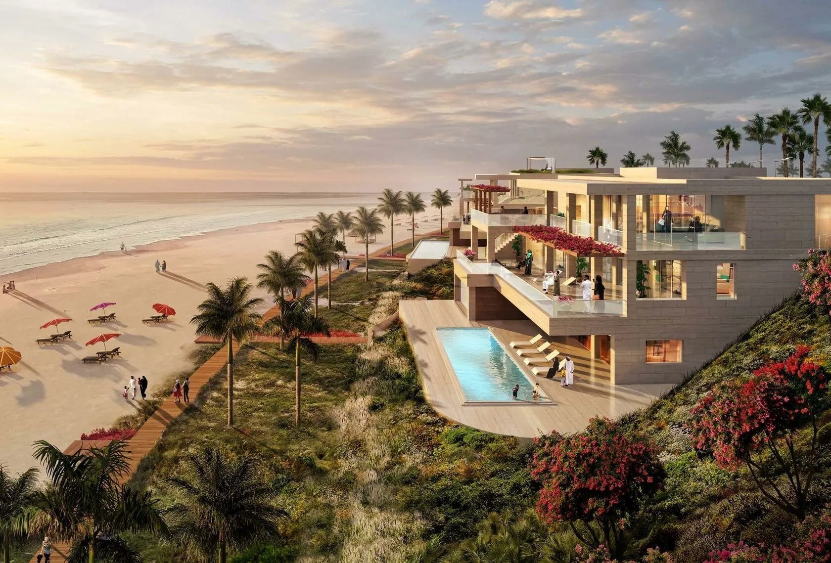 Beachfront resort with pool, palm trees, and ocean view at sunset.