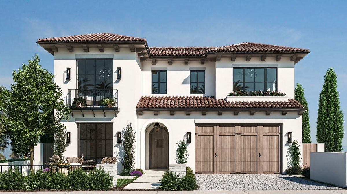 Two-story stucco home with a terracotta roof, wooden garage doors, and a small balcony.
