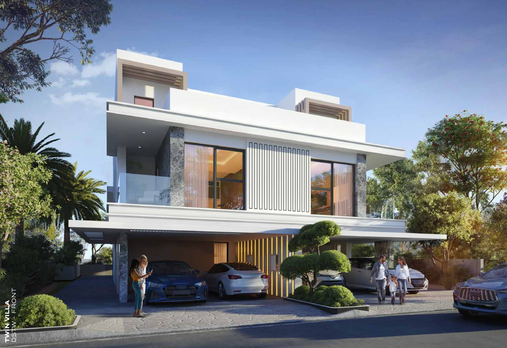 Modern two-story house with a carport; cars parked. People near the entrance. Palm trees and greenery.