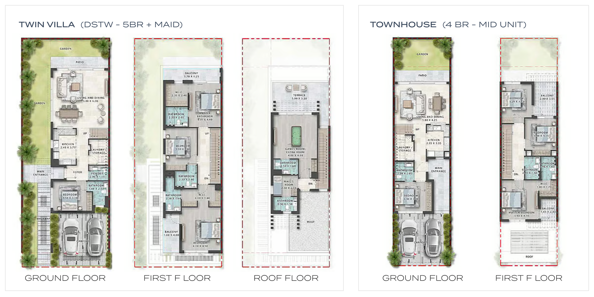 Floor plans of a twin villa and a town house with ground and first floor layouts, in color.